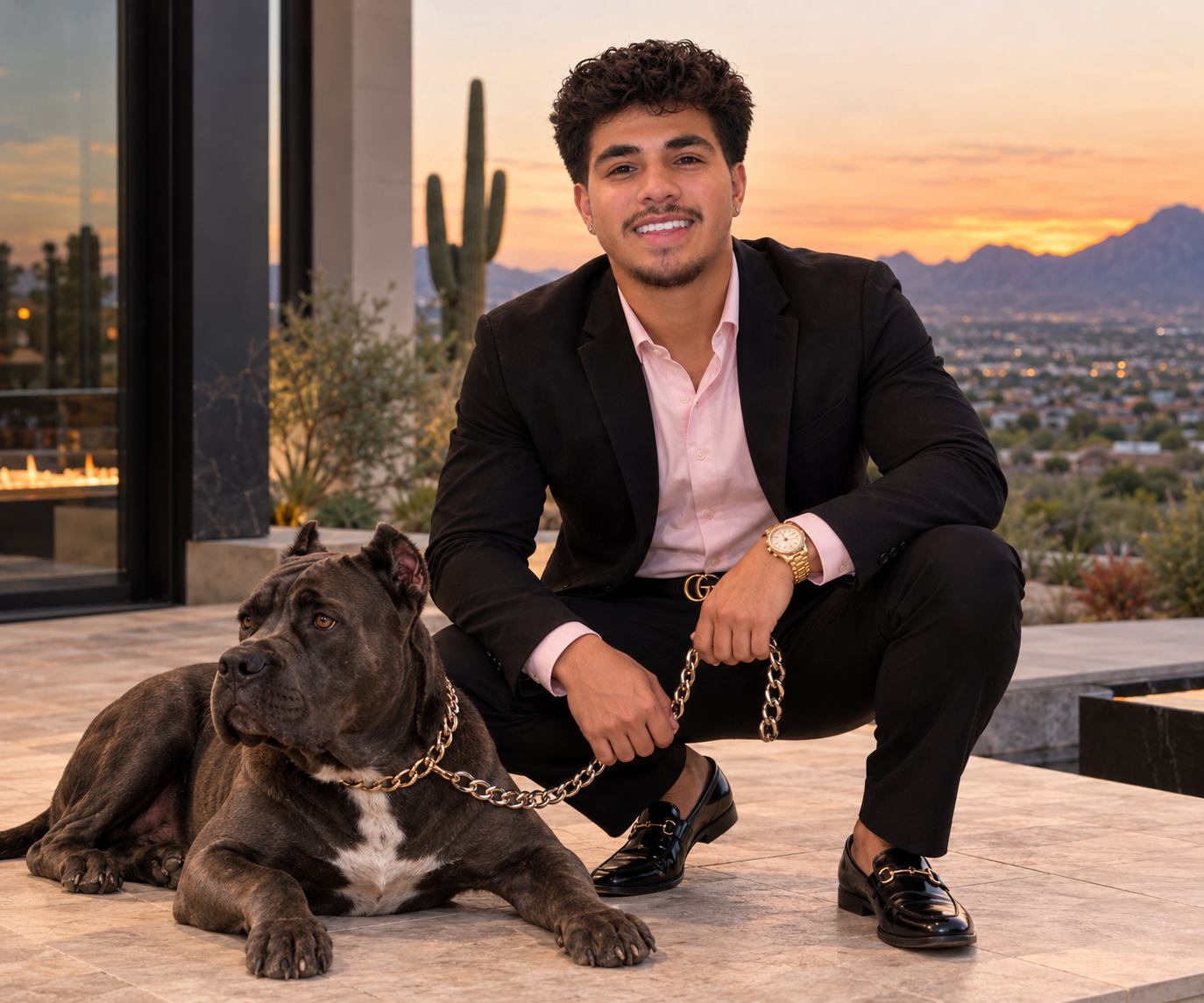 Edited lifestyle portrait of Noah with a Cane Corso at sunset