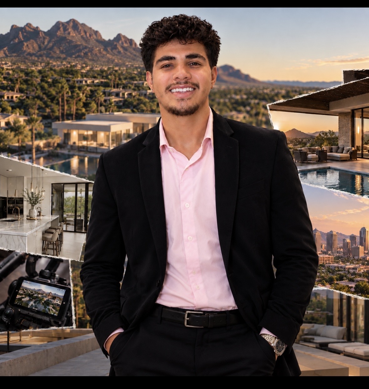 Noah Grajeda in a black blazer and pink shirt, with Arizona scenery behind him